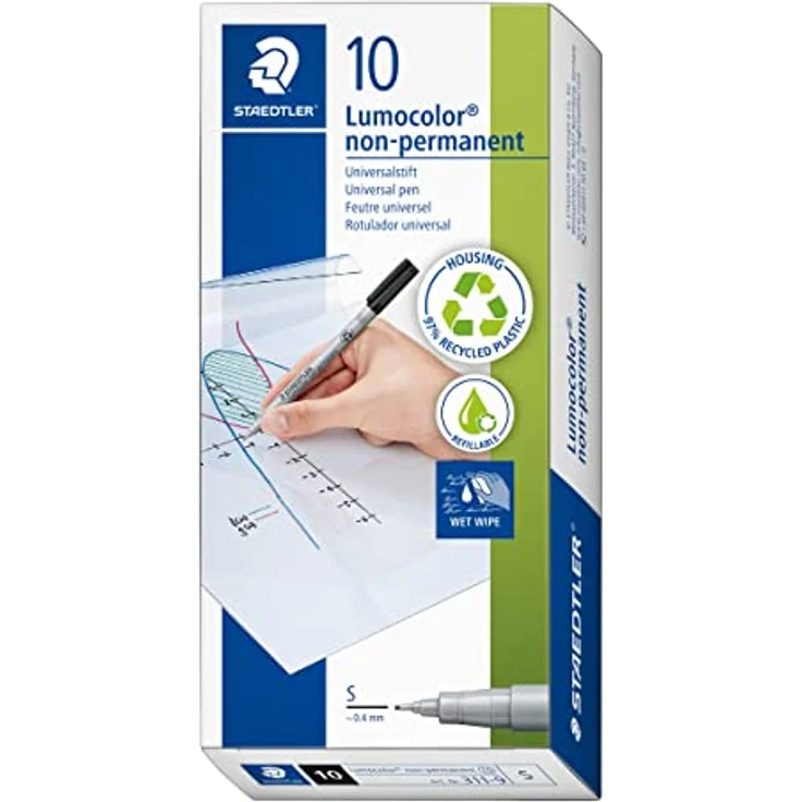 STAEDTLER Universalstift Lumocolor non-permanent, schwarz, feucht abwischbar, für fast alle Oberflächen, Linienbreite ca. 0,4 mm, 10 schwarze Folienstifte im Kartonetui, 311-9 – Bild 1