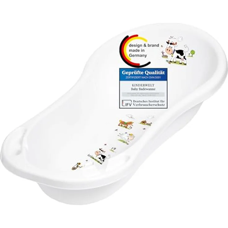 KiNDERWELT Babywanne 100 cm - Baby Badewanne mit Funny Farm Motiv, BPA-frei, für Babys und Neugeborene, weiß – Bild 1