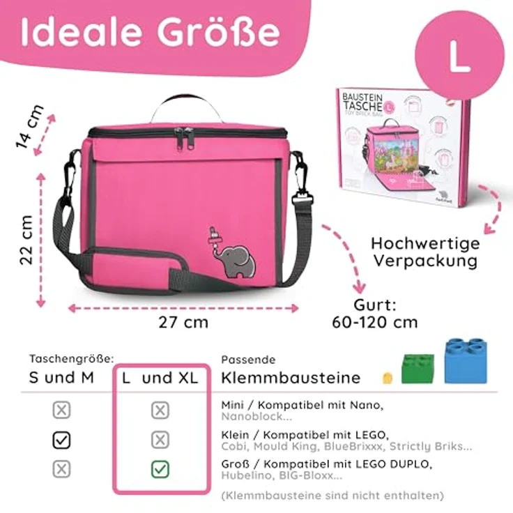 fantifant Baustein-Tasche mit ausklappbarer Bauplatte, Größe L für große Bausteine, prinzessinnenpink, nachhaltiges Material – Bild 5