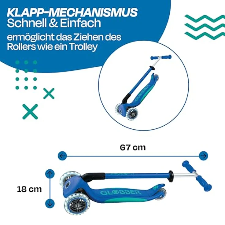 Globber Primo Foldable Plus Lights Roller - Tretroller Kinder ab 3 Jahre - Scooter 120/80 mm - ABEC 5, 3-rädrig mit LED Rollen höhenverstellbar - dunkelblau-türkis – Bild 4