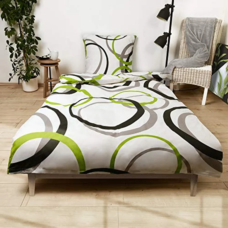 Beautissu Renforcé Bettwäsche 135x200 cm 2er Set Nina - Kinderbettwäschen, 100% Baumwoll Bettwäsche mit Reißverschluss, Ganzjahresbettwäsche, graue und grüne Kreise – Bild 3
