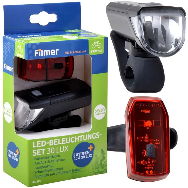 "Filmer Fahrradbeleuchtung LED Fahrrad-Licht Set Beleuchtung 30 Lux Schwarz, 2-stufiges Frontlicht StVZO zugelassen"