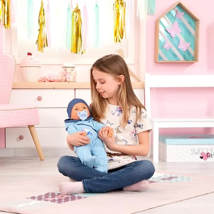 Bayer Babypuppe Hello Baby Boy, 46 cm Funktionspuppe mit schmatzenden Geräuschen und Augenbewegung – Bild 4