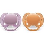 Philips Avent ultra soft Schnuller - 2er Pack, BPA-freier, weicher Schnuller für Babys von 6-18 Monaten, inklusive Transport- und Sterilisationsbox, lila/orange (Modell SCF091/33)