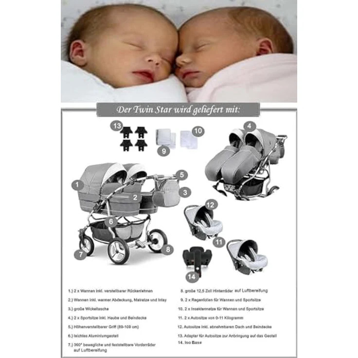 Elcar Zwillingskinderwagen 5 in 1 Twin Star, inkl. 2 Autositzen und Iso Bases, 14 Teile, variabel einstellbar, in 16 Farben erhältlich – Bild 4