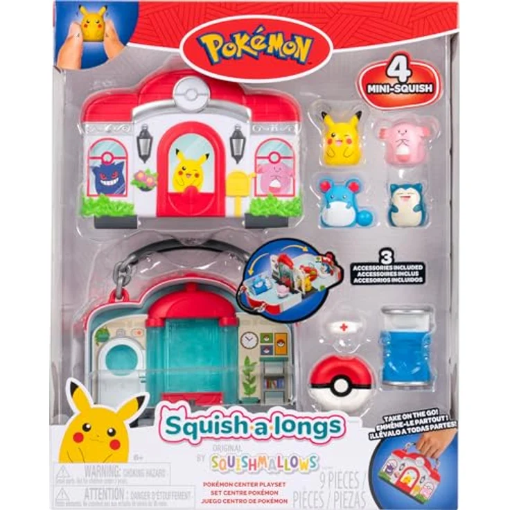 Jazwares Pokémon Center Playset - Squishalongs mit 4 Mini-Squish Figuren, tragbar und mit umklappbarem Heilbildschirm – Bild 3