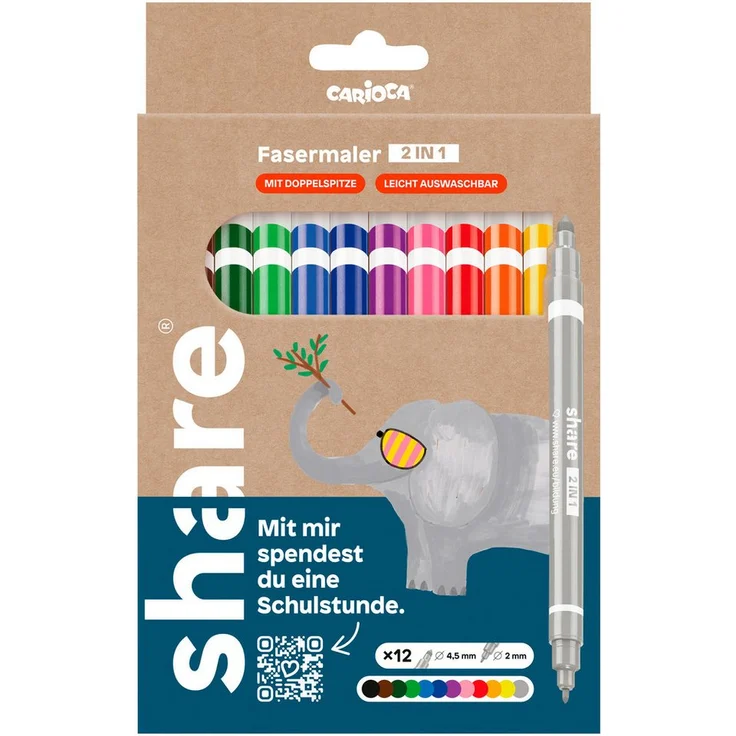 share Faserstift share Fasermaler 2in1, Set mit 12 leuchtenden Farben, feine und breite Spitze