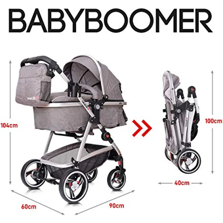 Lalalux Babyboomer 2in1 Kombikinderwagen Komplettset, sportlich, klappbar, doppelte Federung, inkl. Tasche und Regenschutz, für Kinder bis 36 Monate – Bild 3