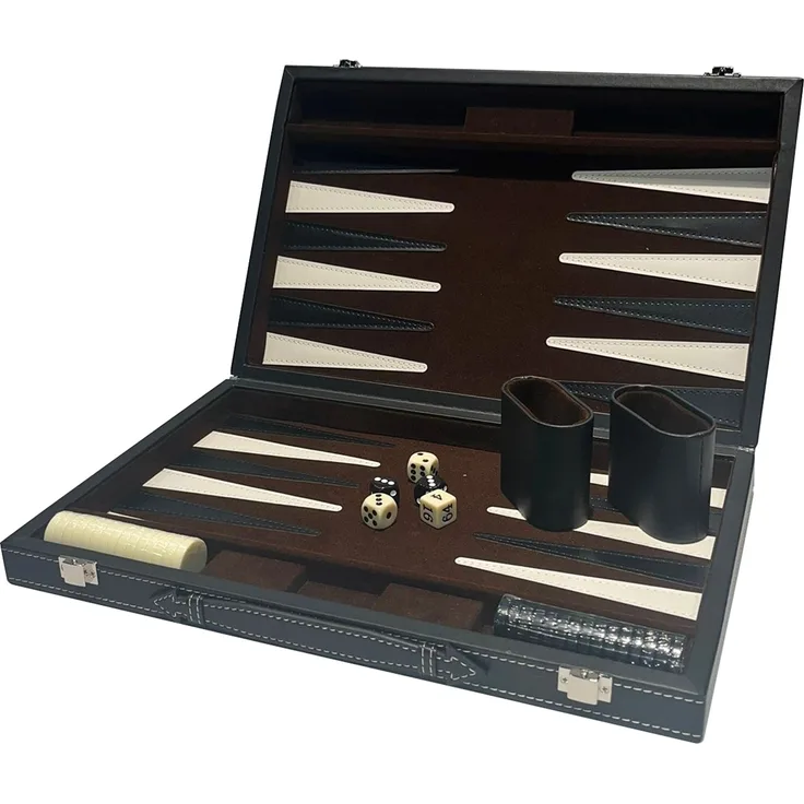 Buffalo Backgammon-Set mit Intarsien, 38 x 24 cm, schwarz, in Kunstlederbox mit Würfeln und Spielsteinen