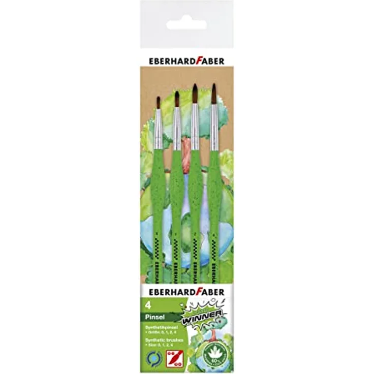 Eberhard Faber 579926 - Green Winner Synthetik-Pinselset mit 4 Größen, Rundpinsel mit ergonomischer Dreikant-Griffzone, Pinsel zum Malen und Zeichen in der Schule und Freizeit