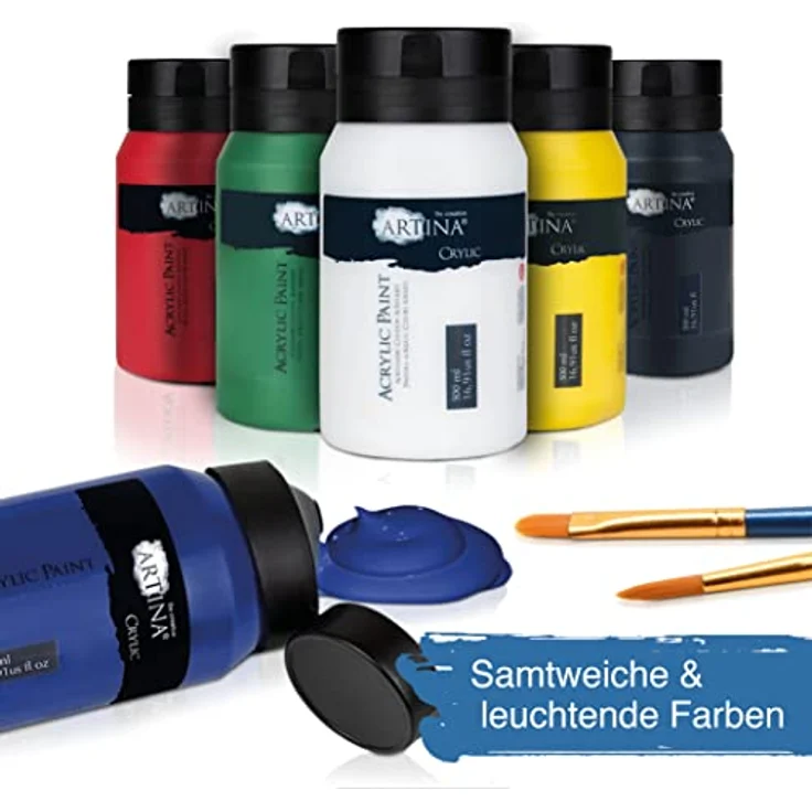 Artina 6er Acrylfarben Set 500ml – Wasserbasierte, schnelltrocknende Malfarbe mit hoher Pigmentierung, deckend und wasserfest, Profi Künstlerfarben Set – Bild 4