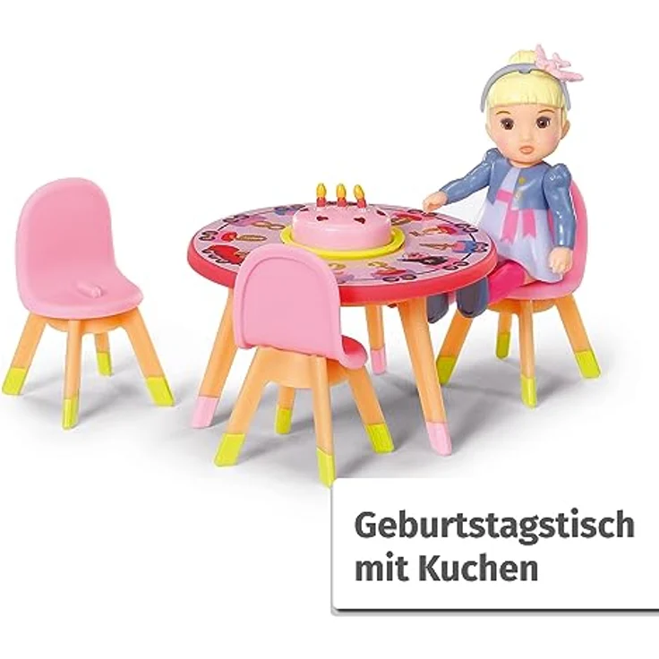 BABY born Minis, Minipuppe mit Geburtstagstisch, Spielset Happy Birthday, 7 cm große Puppe Lea mit Tisch, Kuchen, Torte und Stühlen, 906170, Zapf Creation – Bild 3