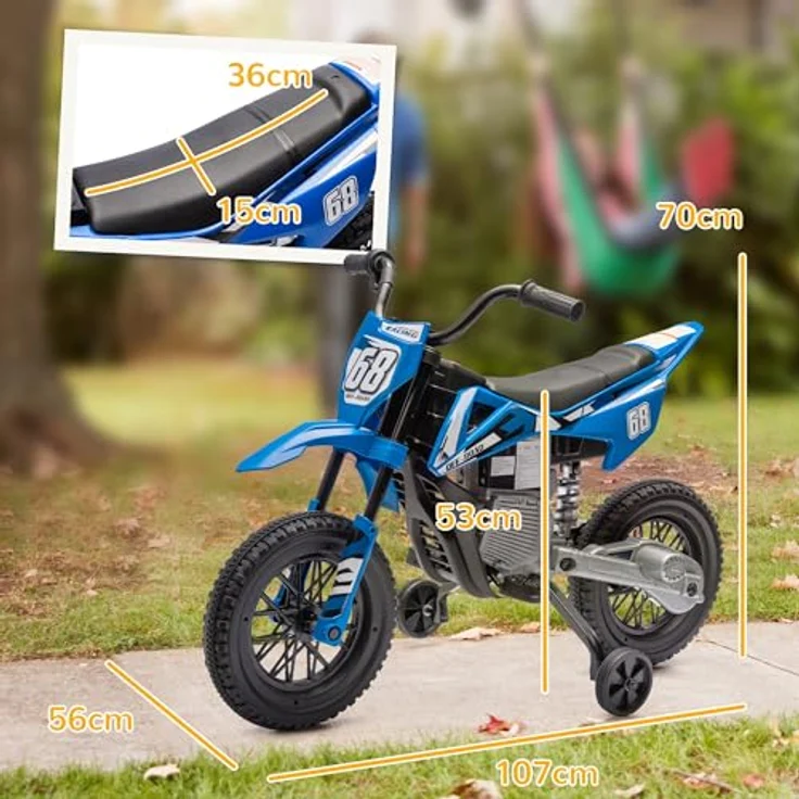 AIYAPLAY Elektro-Kindermotorrad 12V mit Musik, abnehmbaren Trainingsrädern, 2,4-5 km/h, Belastbarkeit 30 kg, Blau – Bild 5