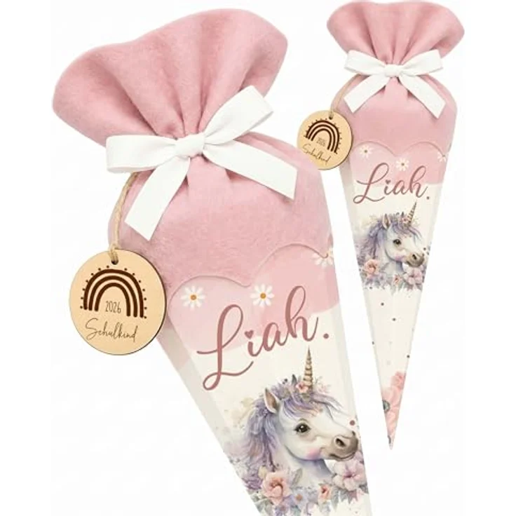Kidsmood personalisierte Schultüte Einhorn (Rosa), Zuckertüte mit Holzschild „Schulkind 2026“, inkl. Rohling und Filz-Stoff, ideales Einschulungsgeschenk für Mädchen und Jungen 2026 – Bild 1