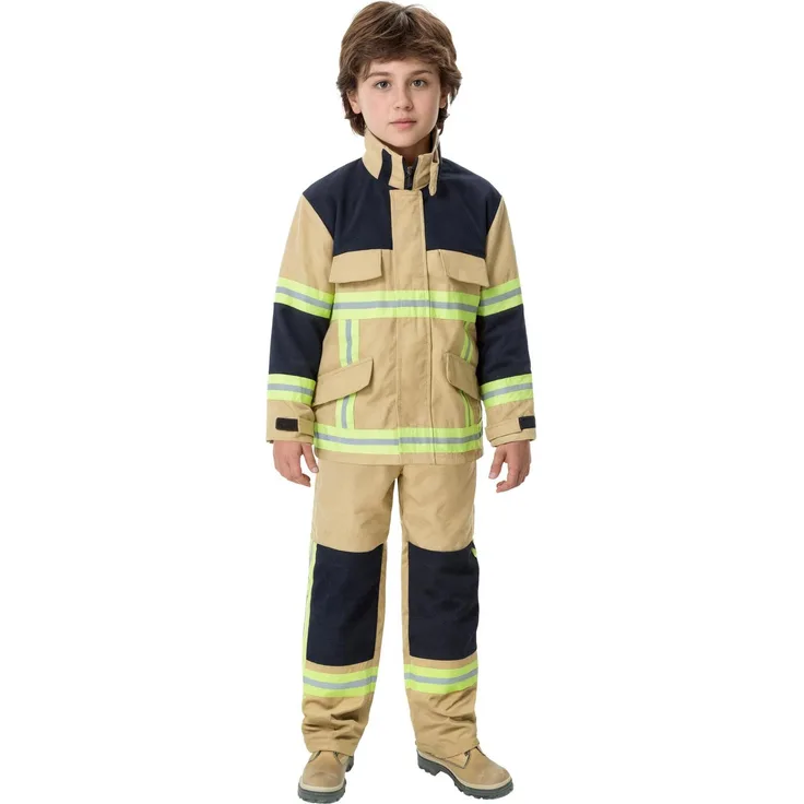 Maskworld Feuerwehr Kostüm für Kinder, sandfarben, mit reflektierenden Streifen und flexiblem Gummibund, Größe 128