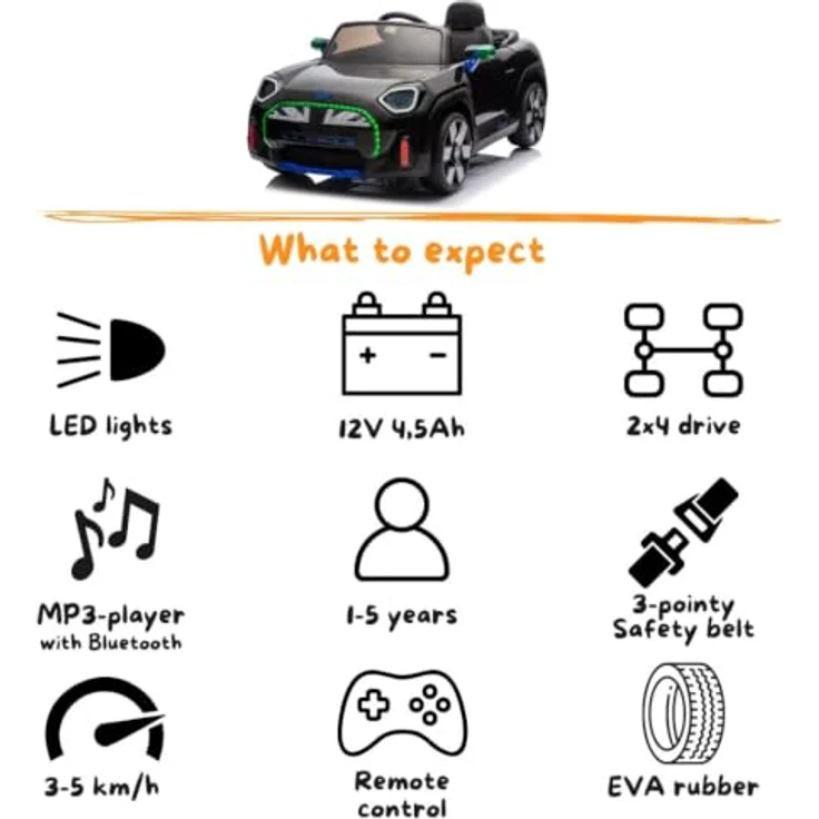 Vrooomy MINI Aceman Kinder Elektroauto 12V, mit Fernbedienung, Black, für 1 bis 5 Jahre, Sicherheitsgurte, MP3-Player, Soft-Start-Funktion, 2 Motoren – Bild 9