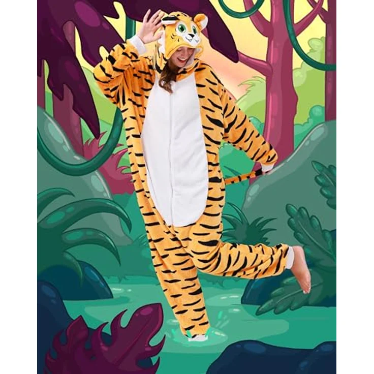corimori Flauschiges Tiger-Kostüm für Erwachsene, Onesie mit Haarreif, super weich und wärmend, für Körpergröße 170-180 cm – Bild 2