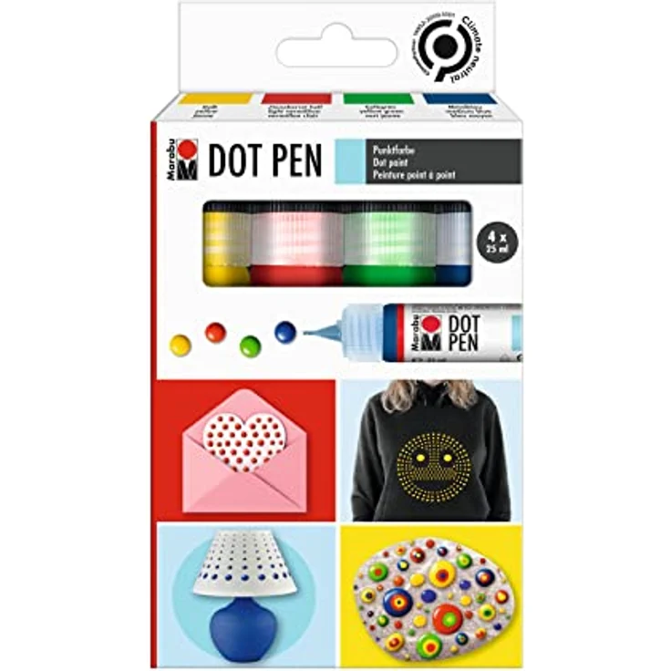 Marabu Dot Pen Set 4 x 25 ml, Punktfarbe auf Wasserbasis in Gelb, Zinnoberrot hell, Gelbgrün, Mittelblau, für Dotting Technik und Mandala Gestaltung, matt & erhaben trocknend – Bild 1