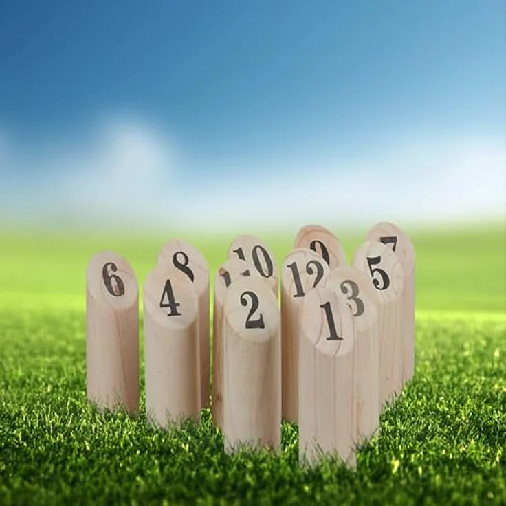 Relaxdays Kubb, Finnisches Wurfspiel mit Transportbox, für Erwachsene & Kinder, aus naturbelassenem Kiefernholz, 12 nummerierte Kegel – Bild 2