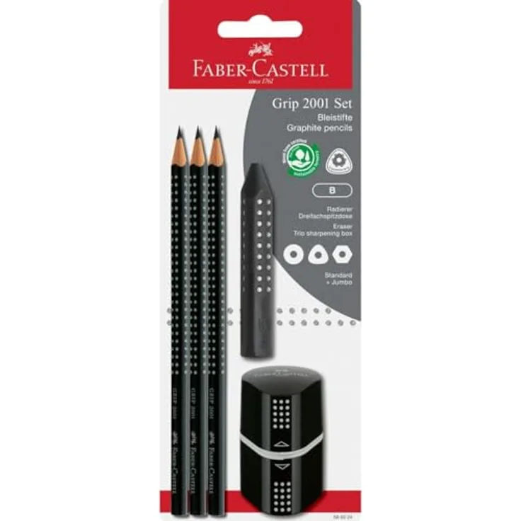Faber-Castell 580024 - Bleistifte Set Grip 2001, 5-teilig mit 3 Bleistiften, Radiergummi und Spitzer, ergonomische Form in Schwarz