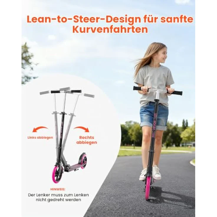 VEVOR Scooter für Kinder ab 8 Jahren, pink, höhenverstellbarer Lenker, rutschfestes Deck, leicht und faltbar, Belastbarkeit bis 100 kg, 8-Zoll-Stoßdämpferräder – Bild 4