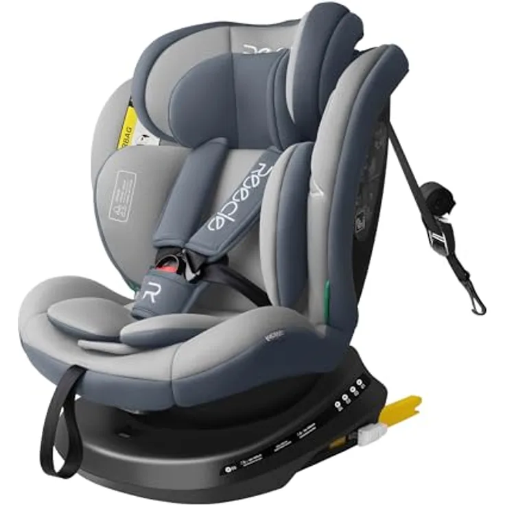 Reecle 360 Drehbar i-Size Kindersitz mit ISOFIX, 40-150 cm, Reboarder für Kinder von Geburt bis 12 Jahre, ECE R129, Grau, mit Seitenaufprallschutz und mehreren Liegepositionen