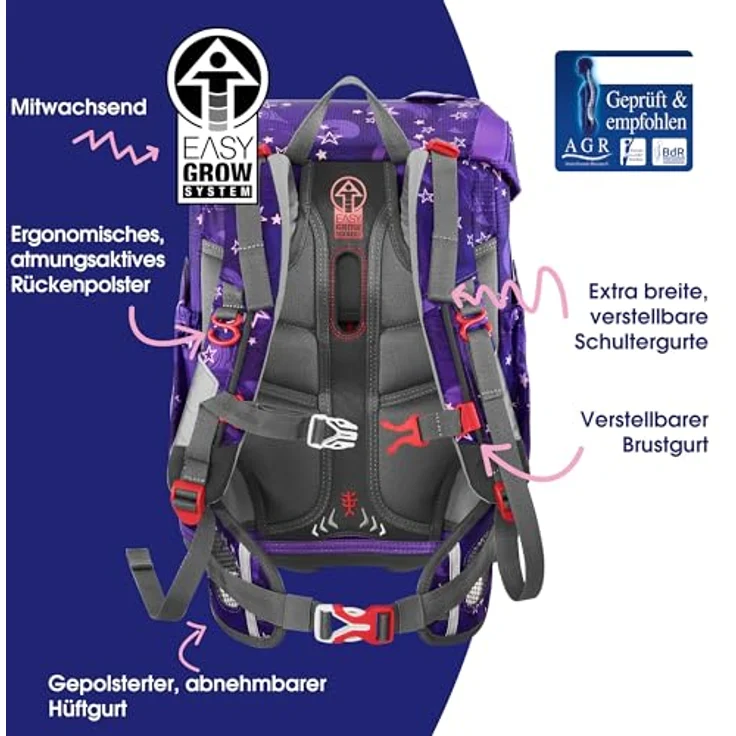 Step by Step Schulranzen-Set Cloud „Pegasus Liv“, 5-teiliges Set in lila mit ergonomischem Tornister, höhenverstellbar und Reflektoren, für Mädchen ab der 1. Klasse, 19L – Bild 4