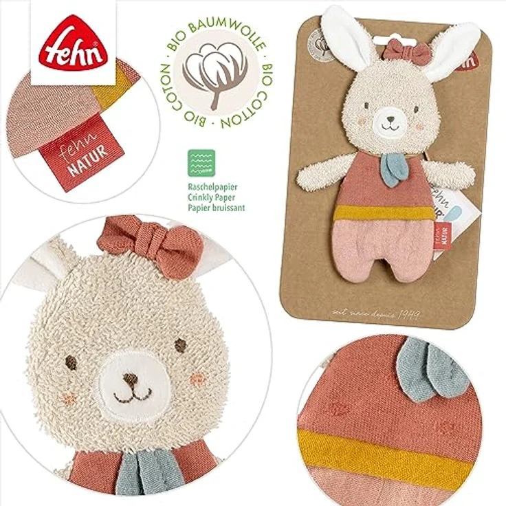 Fehn Knister-Hase fehnNATUR – Activity-Rascheltier mit Bio-Baumwolle (kbA) zum Greifen, Spielen & Geräusche erzeugen – idealer Begleiter für Babys und Kleinkinder – Bild 4