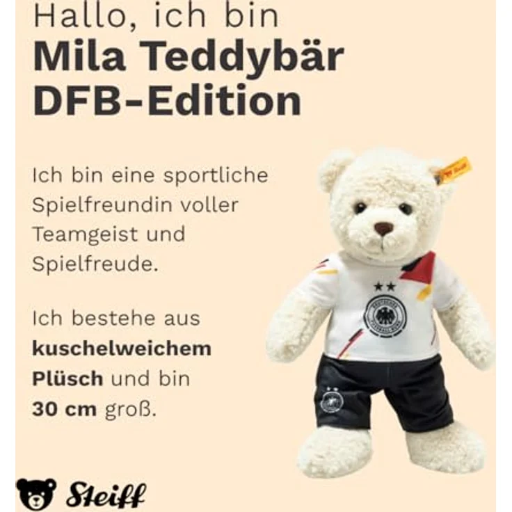 Steiff Teddybär Mila DFB Edition, 30 cm, vanille mit "Knopf im Ohr", waschbar 30 Grad, für Fußballfans – Bild 2