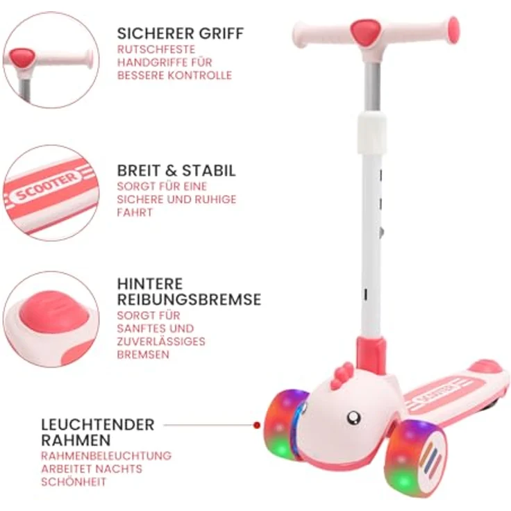 Habib Gruppe Kinderroller Tretroller 3-Rad LED Roller, Höhenverstellbar & Faltbar, Tierdesign, pink für Mädchen & Jungen (3-8 Jahre) – Bild 2