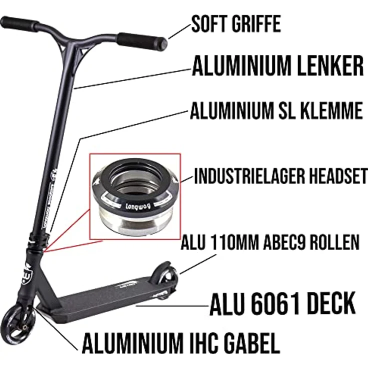 Longway Scooters Stuntscooter Longway Metro 2K19 Stunt-Scooter H=79cm Schwarz, Aluminium 6061, 110mm Rollendurchmesser, ABEC-9 Kugellager – Bild 4