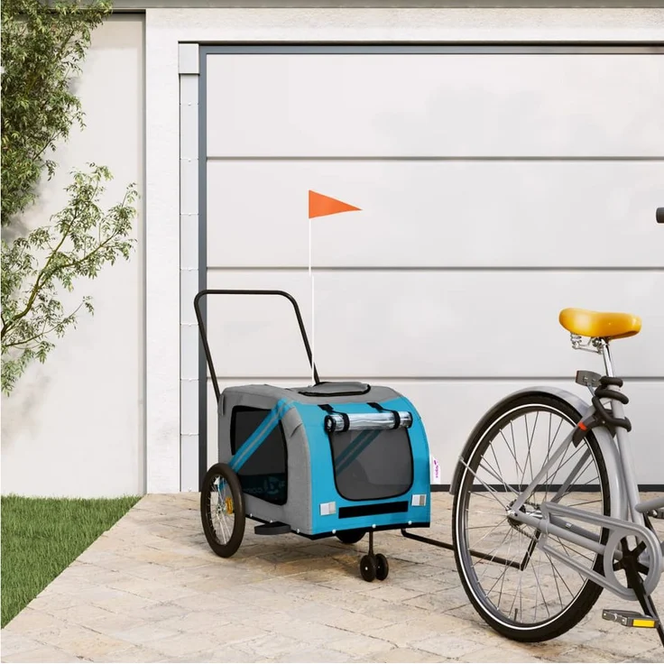 vidaXL Fahrradhundeanhänger Fahrradanhänger Hunde Blau und Grau Oxford-Gewebe und Eisen, 45 kg Tragfähigkeit und PVC-Dach – Bild 1