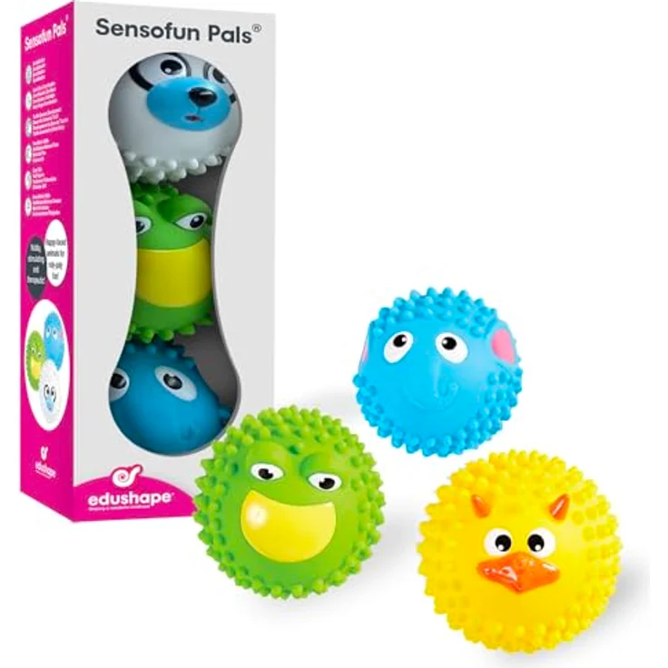 Edushape Sansebolde mit Tiergesichtern, 3er Set Sensorikbälle für Babys ab 0+ Jahren – Bild 1