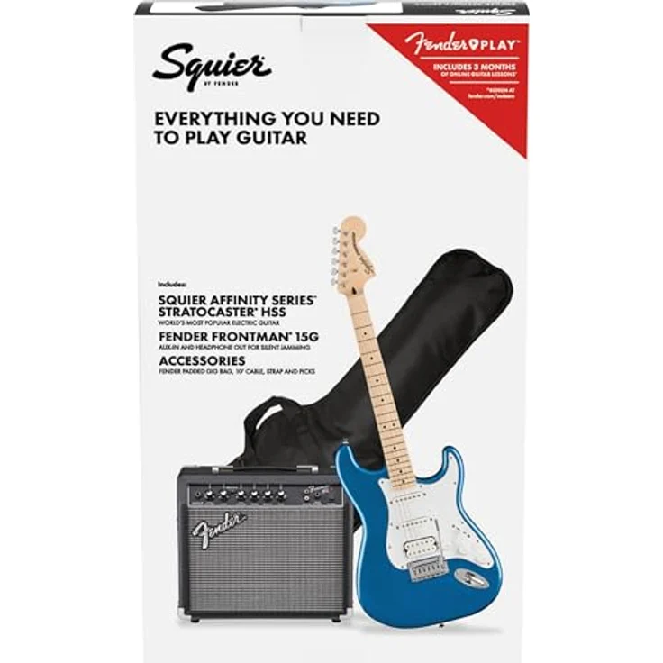 Fender Squier Affinity Series Stratocaster HSS Pack, E-Gitarren Set in Lake Placid Blue mit 15W Verstärker und Zubehör, Ahorn-Hals – Bild 3