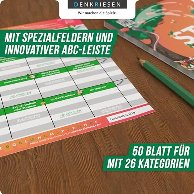 DENKRIESEN Stadt Land Vollpfosten® A4 – Garten Edition | Familienspiel mit Spezialfeldern und ABC-Leiste | Hochwertiges Markenspiel in coolem Design | Ab 9 Jahren – Bild 4