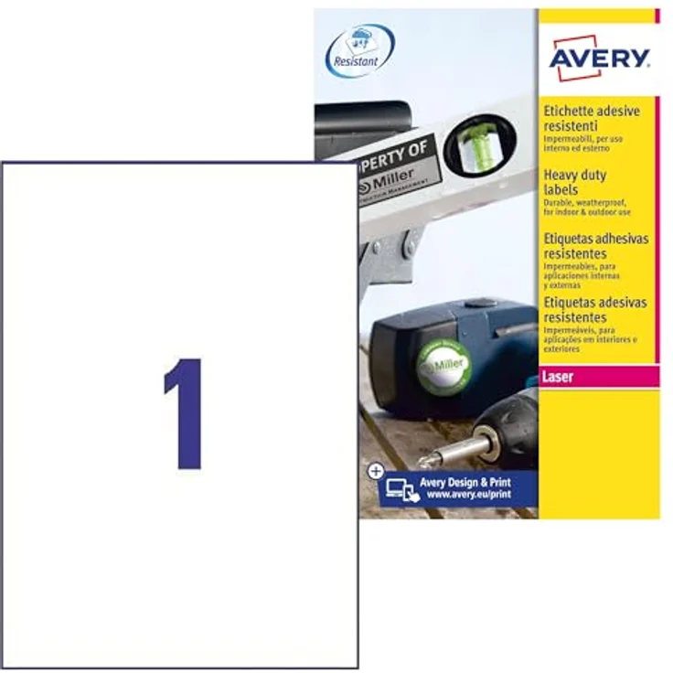 AVERY Zweckform L4775-8 Wetterfeste Folienetiketten, 8 Blatt, 210x297mm, stark selbstklebend, wasserfest, weiß – Bild 1