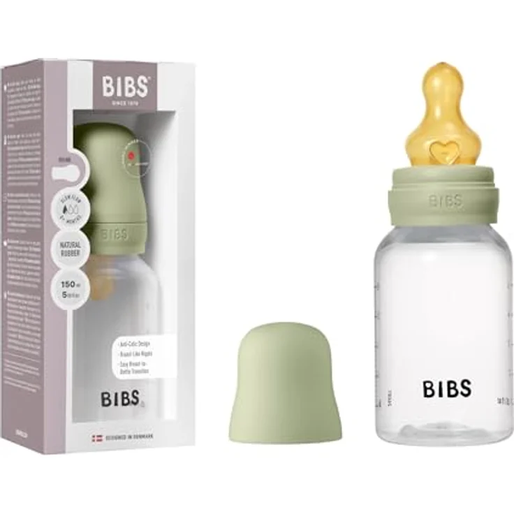 BIBS Babyflasche 150 ml mit Naturkautschuk-Sauger, Anti-Kolik, BPA-frei, langsamem Fluss, leicht und einfach zu reinigen, geeignet für Neugeborene ab 0 Jahren - Sage – Bild 1