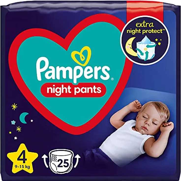 Pampers Night Pants Size 4, Einweg-Windelhöschen für die Nacht, 9-15 kg, 25 St., atmungsaktive und auslaufsichere Höschenwindeln mit schneller Absorption
