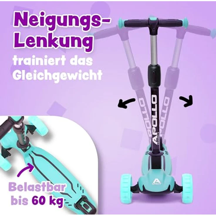 Apollo Kinderscooter KidsPro4 LED Roller - Mint, höhenverstellbar, mit leuchtenden LED-Rollen – Bild 3