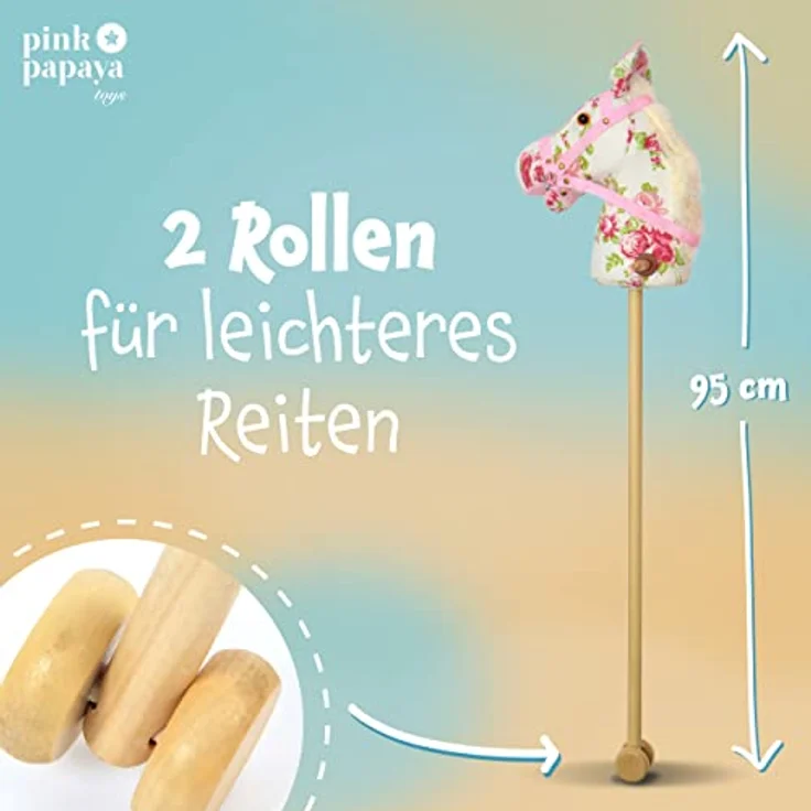 Pink Papaya Steckenpferd, Flower, süßes Spielzeug Pferd aus Stoff mit Sound Funktion: Gewieher und Galoppgeräusch - Farbe: Blumenmuster mit weißer Mähne – Bild 6