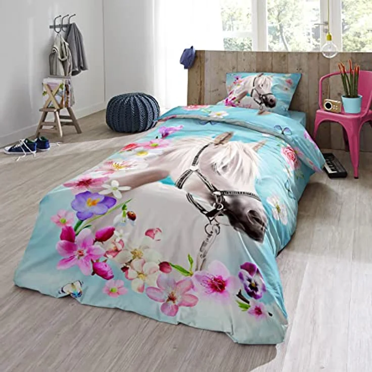 ESPiCO Bettwäsche Trendy Bedding My Beauty Pferd Ross Gaul Blumen Blüten Geblümt Bunt, 100% Baumwolle, Öko-Tex Standard 100, Größe: 135 cm x 200 cm – Bild 5