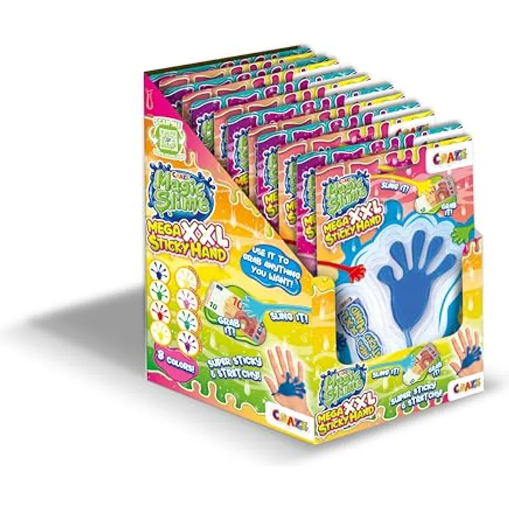 CRAZE Magic Slime, Sticky Hand 12er Pack - XXL Klatschhand mit Griff, super klebrig und dehnbar, in 4 Farben (rot, grün, blau, gelb)