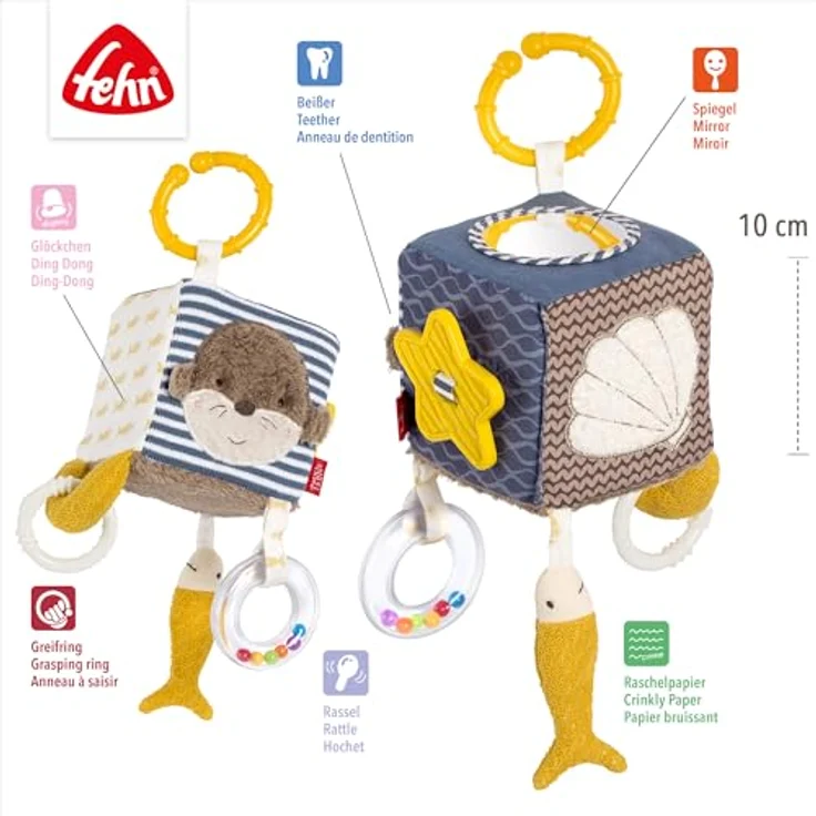 Fehn Greifspielzeug Otter Theo, Activity-Würfel mit Befestigungsring, Motorik-Spielzeug für Babys ab 0+ Monaten, 10 x 10 cm, inkl. Rasselring und Softbeiß-Element – Bild 4