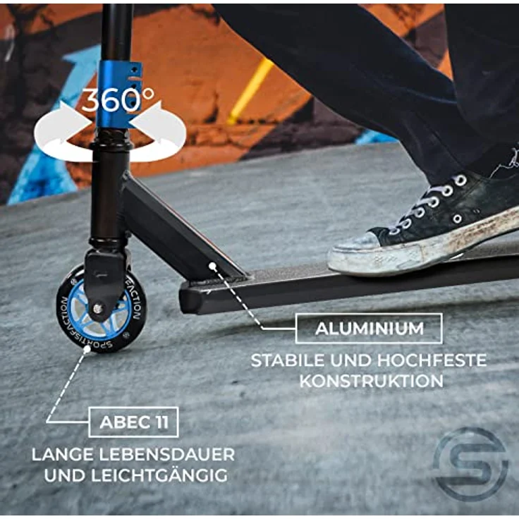 Sportisfaction Stuntscooter Blau, Profi Roller mit ABEC11 Kugellagern, 4-fach Klemme, belastbar bis 100kg, Alu-Deck 50x11cm für Tricks & Rampen – Bild 3