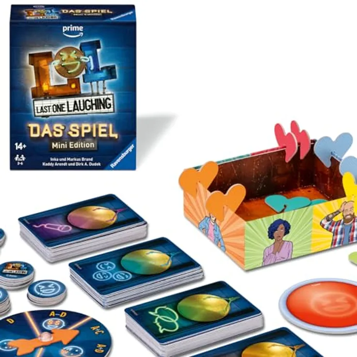 Ravensburger Last One Laughing, Mini Edition - Partyspiel für 3-6 Spieler, ab 14 Jahren, mit 120 Karten und neuen Minispielen