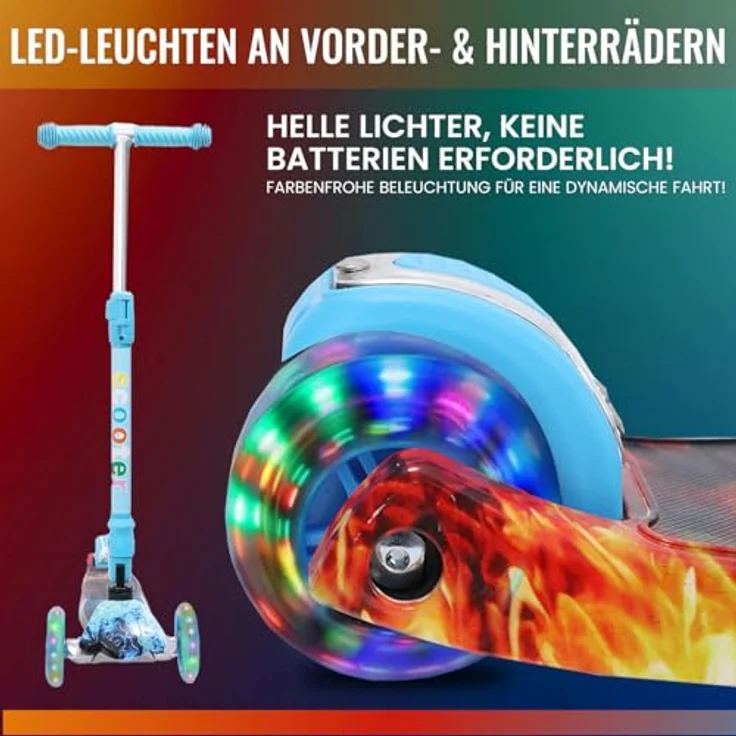 Europebazar Habib Kinderroller Metall-Roller 3-Rad mit verstellbarem Lenker, LED Licht, klappbar, bis 50kg, Blau – Bild 3