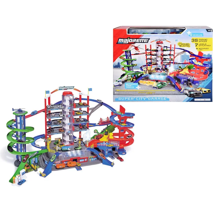 majORETTE Spiel-Parkhaus City Garage, mit Licht und Sound, 7 Etagen, 2 motorisierte Lifts, 35 Parkplätze, 6 die-cast Autos, inkl. Zug