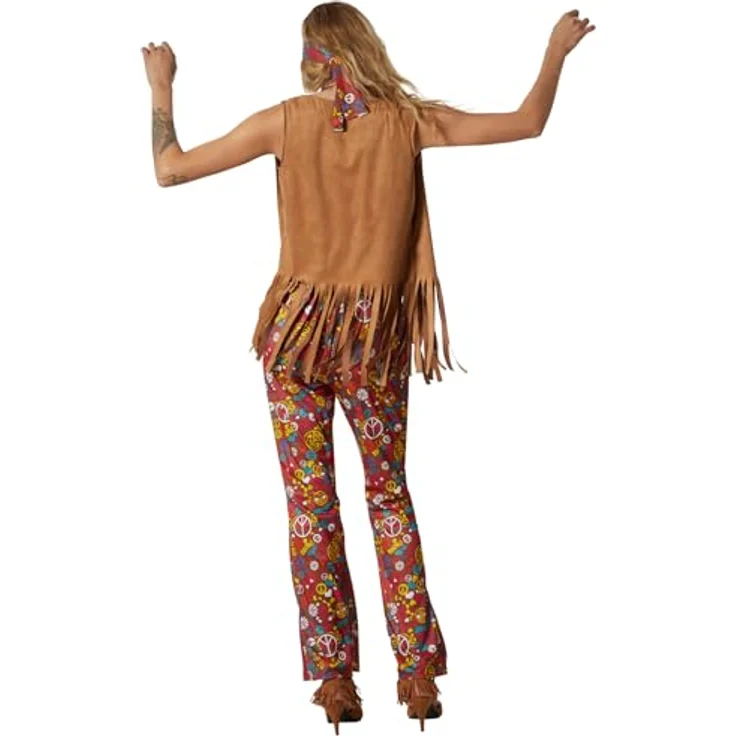 dressforfun Hippie Kostüm Set, 60er Jahre Kostüm, 70er Mode, Hippie Damen, Schlaghose, Flower Power, Fransenweste - Braun, Größe M – Bild 2