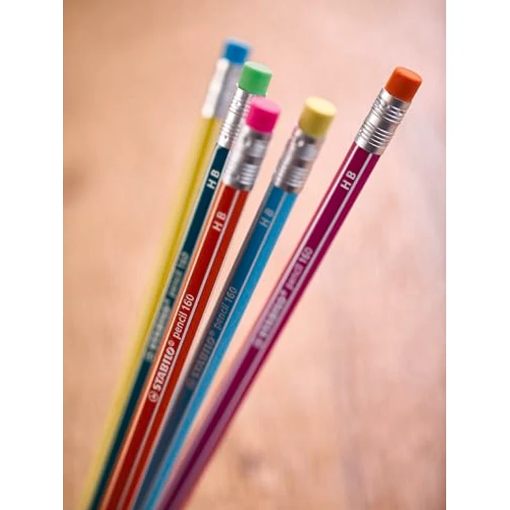 STABILO pencil 160, Bleistift mit Radierer, 10er Pack in gelb, orange, blau, petrol, pink, Härtegrad HB – Bild 5