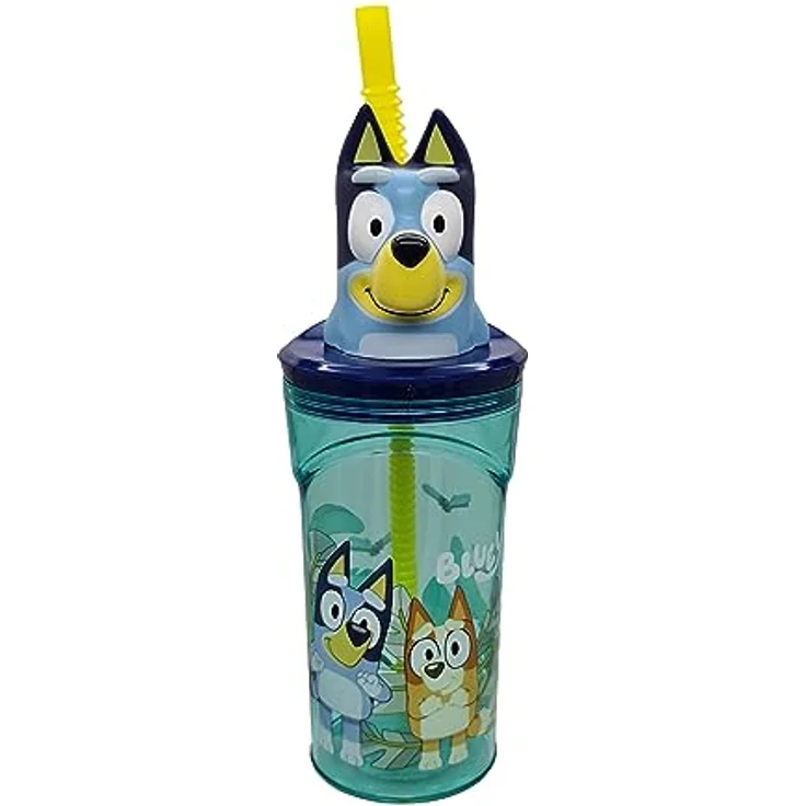 Stor Bluey Wiederverwendbarer Kinderbecher, 360 ml mit Strohhalm und Deckel, Himmelblau, BPA-frei, mit 3D-Figur – Bild 1